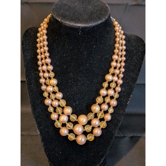 Vtg Gorgeous Champagne 3 Strand Bead Beaded Necklace 17.25"long Estate Chunky - Picture 1 of 6